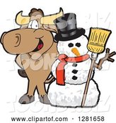 Vector Illustration of a Cartoon School Bull Mascot Standing with a Christmas Snowman by Mascot Junction