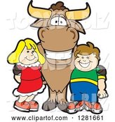 Vector Illustration of a Cartoon School Bull Mascot Standing with a White Boy and Girl by Mascot Junction