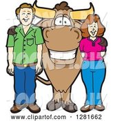 Vector Illustration of a Cartoon School Bull Mascot Standing with a White Guy and Lady by Mascot Junction