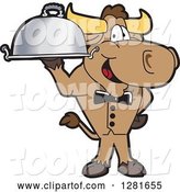 Vector Illustration of a Cartoon School Bull Mascot Waiter Standing with a Cloche Platter by Toons4Biz