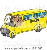 Vector Illustration of a Cartoon School Bull Mascot Waving and Driving a School Bus by Mascot Junction