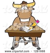 Vector Illustration of a Cartoon School Bull Mascot Writing at a Desk by Mascot Junction