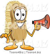 Vector Illustration of a Cartoon Scrub Brush Mascot Holding a Red Megaphone Bullhorn by Mascot Junction