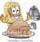 Vector Illustration of a Cartoon Scrub Brush Mascot Serving a Cooked Thanksgiving Turkey on a Platter by Mascot Junction