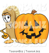 Vector Illustration of a Cartoon Scrub Brush Mascot Standing by a Carved Halloween Pumpkin by Mascot Junction