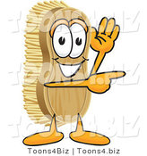 Vector Illustration of a Cartoon Scrub Brush Mascot Waving and Pointing to the Right by Mascot Junction