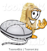Vector Illustration of a Cartoon Scrub Brush Mascot Waving and Standing by a Computer Mouse by Toons4Biz