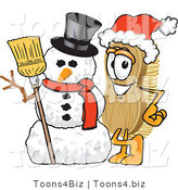 Vector Illustration of a Cartoon Scrub Brush Mascot Wearing a Santa Hat and Standing with a Snowman by Mascot Junction