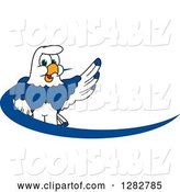 Vector Illustration of a Cartoon Seahawk Mascot Waving over a Blue Dash Logo by Mascot Junction