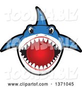 Vector Illustration of a Cartoon Shark School Mascot Biting a Dodgeball by Mascot Junction
