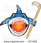Vector Illustration of a Cartoon Shark School Mascot Biting a Hockey Ball and Holding a Stick by Toons4Biz