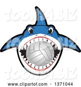 Vector Illustration of a Cartoon Shark School Mascot Biting a Volleyball by Mascot Junction