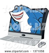 Vector Illustration of a Cartoon Shark School Mascot Emerging from a Desktop Computer Screen by Mascot Junction