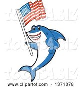 Vector Illustration of a Cartoon Shark School Mascot Holding an American Flag by Mascot Junction