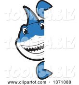 Vector Illustration of a Cartoon Shark School Mascot Looking Around a Sign by Toons4Biz