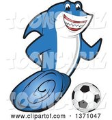 Vector Illustration of a Cartoon Shark School Mascot Playing Soccer by Mascot Junction