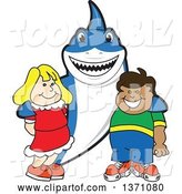 Vector Illustration of a Cartoon Shark School Mascot Posing with Students by Mascot Junction