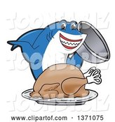 Vector Illustration of a Cartoon Shark School Mascot Serving a Roasted Thanksgiving Turkey by Toons4Biz