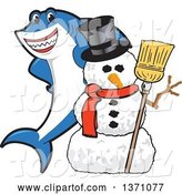 Vector Illustration of a Cartoon Shark School Mascot with a Christmas Snowman by Mascot Junction