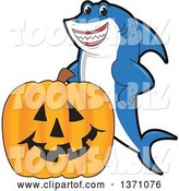 Vector Illustration of a Cartoon Shark School Mascot with a Jackolantern Pumpkin by Mascot Junction