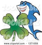 Vector Illustration of a Cartoon Shark School Mascot with a St Patricks Day Four Leaf Clover by Mascot Junction