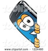 Vector Illustration of a Cartoon Smart Phone Mascot Looking Around a Sign by Mascot Junction