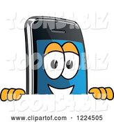 Vector Illustration of a Cartoon Smart Phone Mascot Looking over a Sign by Mascot Junction