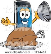 Vector Illustration of a Cartoon Smart Phone Mascot Serving a Roasted Thanksgiving Turkey by Toons4Biz