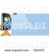 Vector Illustration of a Cartoon Smart Phone Mascot Standing by a Blue Sign by Mascot Junction