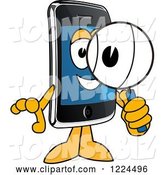 Vector Illustration of a Cartoon Smart Phone Mascot Using a Magnifying Glass by Toons4Biz
