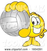 Vector Illustration of a Cartoon Smiley Mascot Grabbing a Volleyball by Mascot Junction