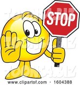 Vector Illustration of a Cartoon Smiley Mascot Holding a Stop Sign by Mascot Junction