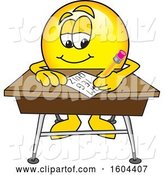 Vector Illustration of a Cartoon Smiley Mascot Writing at a Desk by Mascot Junction