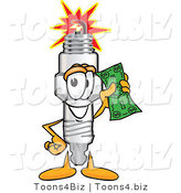 Vector Illustration of a Cartoon Spark Plug Mascot Holding a Green Dollar Bill by Toons4Biz