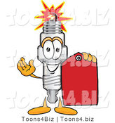 Vector Illustration of a Cartoon Spark Plug Mascot Holding a Red Clearance Sales Price Tag by Toons4Biz