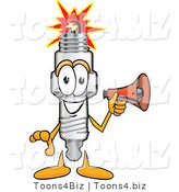Vector Illustration of a Cartoon Spark Plug Mascot Holding a Red Megaphone Bullhorn by Toons4Biz