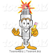 Vector Illustration of a Cartoon Spark Plug Mascot Holding a Yellow Pencil by Mascot Junction