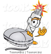 Vector Illustration of a Cartoon Spark Plug Mascot Standing by a Computer Mouse and Waving by Mascot Junction