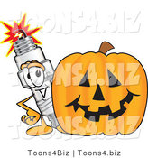 Vector Illustration of a Cartoon Spark Plug Mascot Standing by a Halloween Pumpkin by Toons4Biz