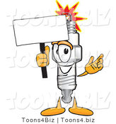 Vector Illustration of a Cartoon Spark Plug Mascot Waving a Blank White Sign by Mascot Junction
