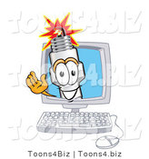 Vector Illustration of a Cartoon Spark Plug Mascot Waving from Inside a Computer Screen by Mascot Junction