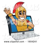 Vector Illustration of a Cartoon Spartan Warrior Mascot Emerging from a Computer Screen by Mascot Junction