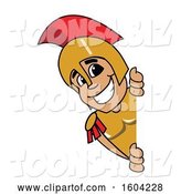 Vector Illustration of a Cartoon Spartan Warrior Mascot Looking Around a Sign by Mascot Junction