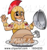 Vector Illustration of a Cartoon Spartan Warrior Mascot Serving a Thanksgiving Turkey by Mascot Junction