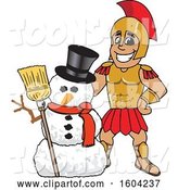 Vector Illustration of a Cartoon Spartan Warrior Mascot with a Christmas Snowman by Mascot Junction
