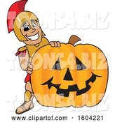Vector Illustration of a Cartoon Spartan Warrior Mascot with a Halloween Pumpkin by Mascot Junction