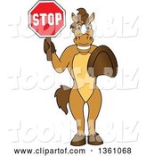 Vector Illustration of a Cartoon Stallion School Mascot Gesturing and Holding a Stop Sign by Mascot Junction