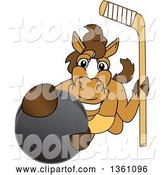 Vector Illustration of a Cartoon Stallion School Mascot Holding a Stick and Grabbing a Hockey Puck by Mascot Junction