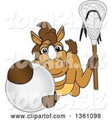 Vector Illustration of a Cartoon Stallion School Mascot Holding a Stick and Grabbing a Lacrosse Ball by Mascot Junction