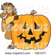 Vector Illustration of a Cartoon Stallion School Mascot Looking Around a Halloween Jackolantern Pumpkin by Mascot Junction